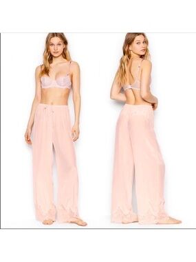 NWT Victorias Secret Women's Soft Lace-Trim Sleep Pants Pink L